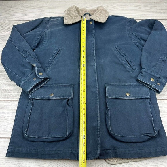 Cabela's Women M Reg Sherpa Lined Canvas Jacket Chore Coat Navy Blue Western Zip - Picture 9 of 9